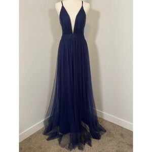 Ever After Dress Sz L Navy Blue Tulle Deep V-Neck Open Back Formal Gown Ethereal